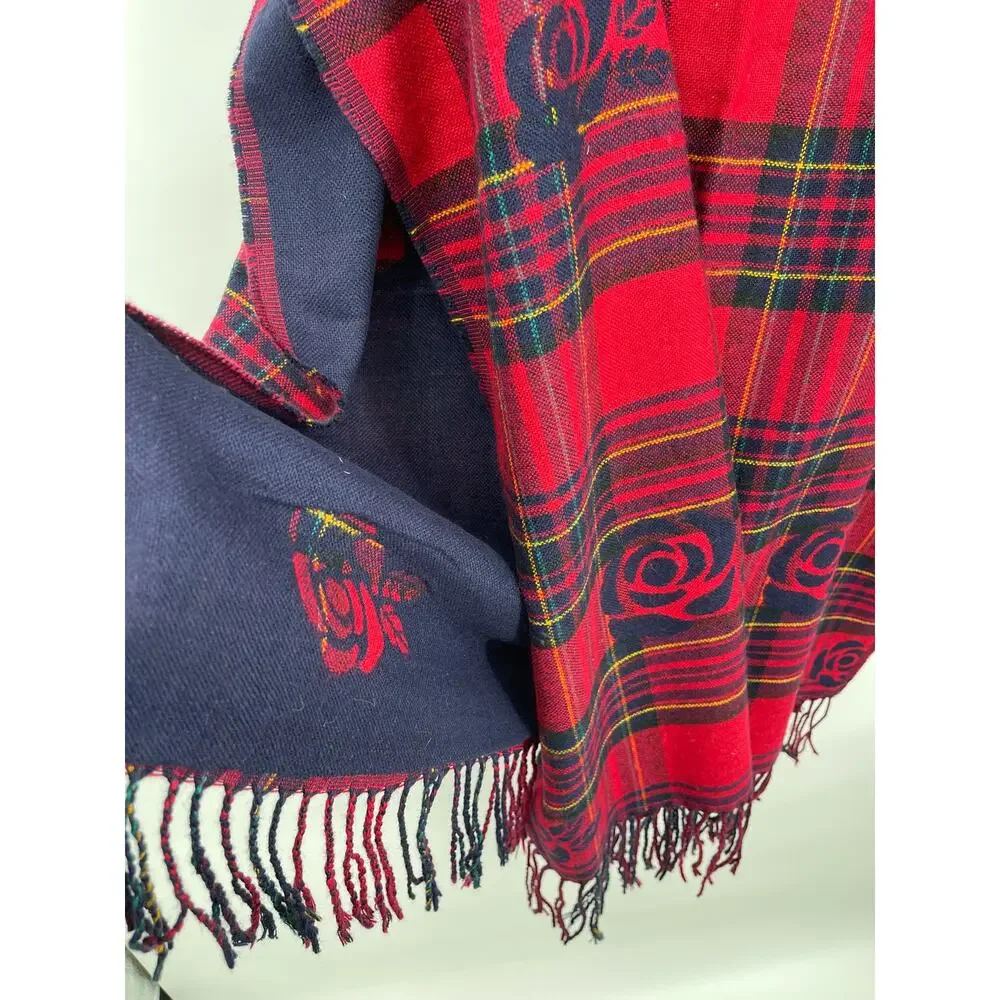 Plaid Rose Red Blue Super Soft Reversible Scarf Shawl Wrap NEW